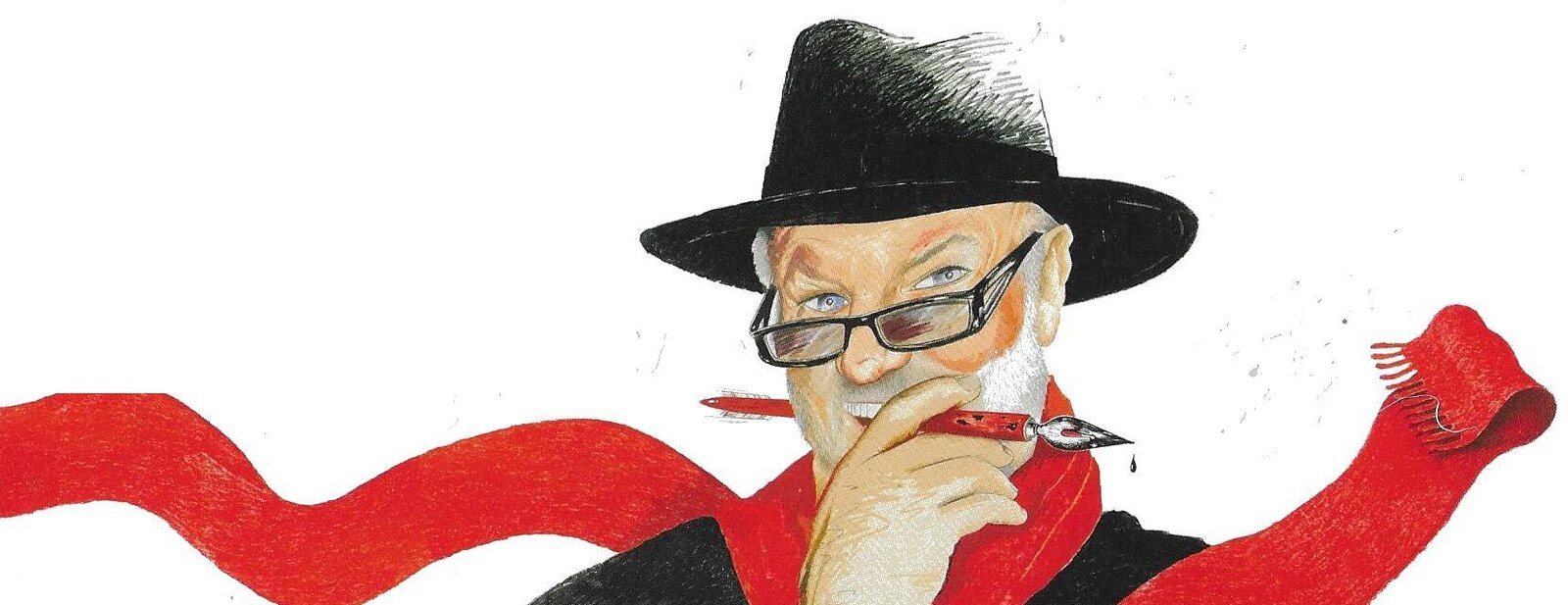 Selbstporträt von Ulrich Forchner mit Hut, Brille, Füller und langem roten Schal